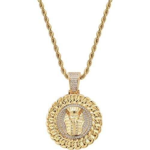 New Hip Hop Round Egyptian Pharaoh Head Pendant Micro Pave Zircon Necklace Punk Iced Out Statement Jewelry