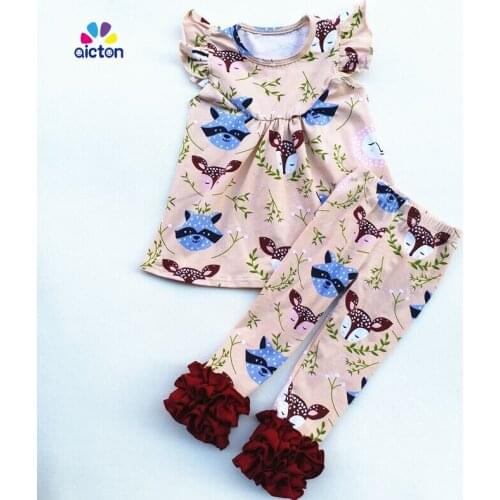 2017 fall Fox Printed children floral peral top with ruffle pants new design kids fox girls boutique outfits girl cotton outfits