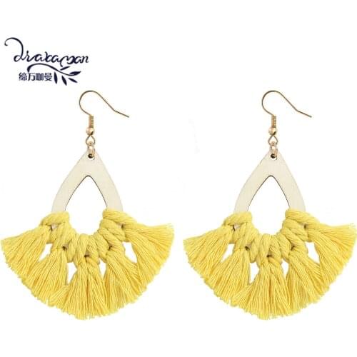Dvacaman Boho Ethnic Colorful Macrame Tassel Earrings for Women Vintage Wood Cotton Thread Fringed Dangle Earrings Jewelry Party