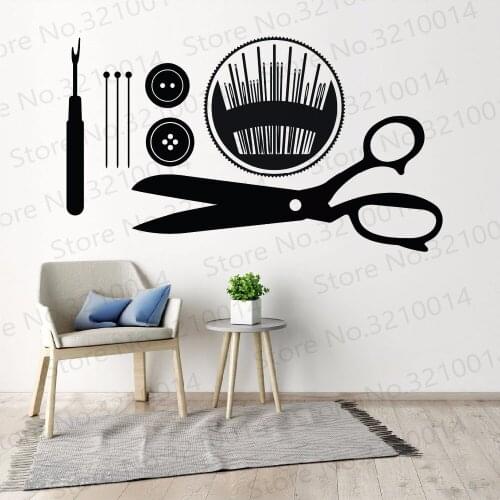 Sewing Wall Art Decals Seamstress Gift Wall Sticker Buttons Pins Sewing Tools Wall Mural Removable Sewing Shop Wall Decor PW303