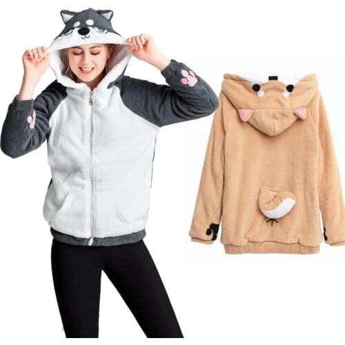 Lolita Girls Cosplay Neko Atsume Shiba Inu Husky Hoodie Coat Cute Dog Pullover Thicken Flannel Hooded Sweatershirts Drop Ship