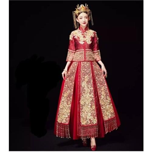 High Quality Red Chinese Style Wedding Married Dress Women Traditional Floral Embroidery Ancient Tassel Costume