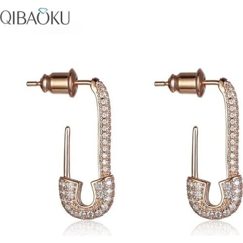 Sterling Silver 925 Earrings Safety Pin Shape Womens Long Drop Jewelry Plated Real Gold Original Crystals Zircon Ear Jewelry