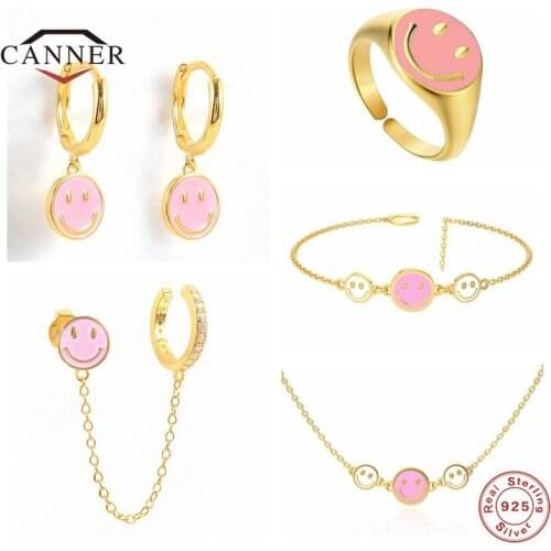 CANNER Pink Smiley Face 925 Sterling Silver Drop Hoop Earrings Adjustable Ring Pendant Necklace Bracelet for Women Jewelry Set