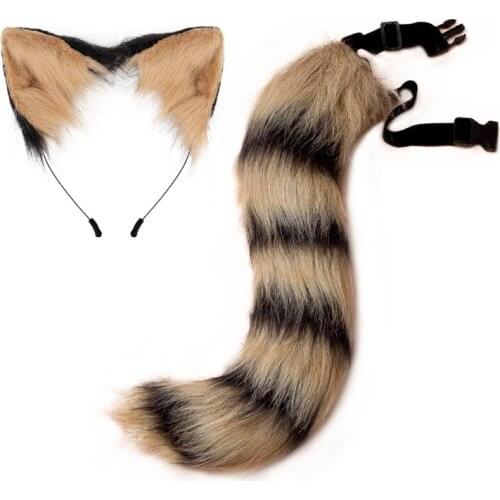 Adult Kids Simulation Plush Wolf Cat Ears Headband Bandana with Furry Long Tail Set Anime Cosplay Costume Accessories