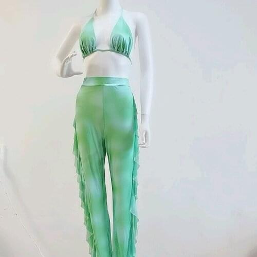 2020 New Arrival Summer trap Top trouser Two Piece Sets beach printed flower ruffles Wide leg pants beachwear Women Latest Style