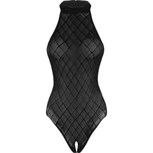 Womens Black Sexy Leotard Bodysuit See Through Lingerie Sleeveless Mock Neck Plaid Mesh High Cut Crotchless Nightwear Clubwear