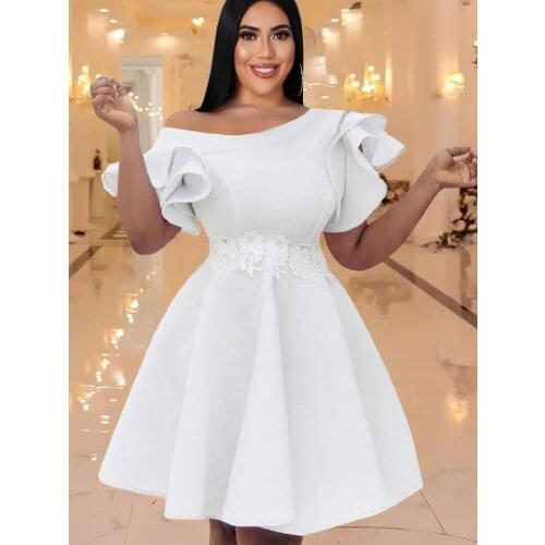 White Dress Women Plus Size Off Shoulder A Line Pleated Dresses Ruffles Short Sleeves Dropshipping African Cocktail Evening Robe