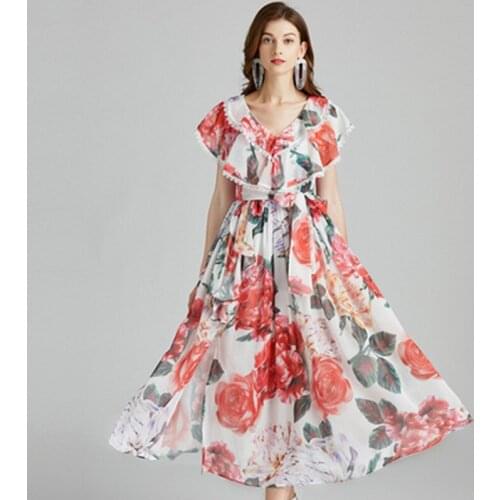 Summer Luxuriy Rose Floral Print Lace Trims Vacation Dress Womens Butterfly Sleeve V-Neck Tiered Layer Belt Split Chiffon Dress