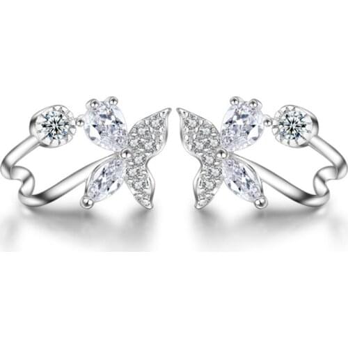 100% 925 sterling silver fashion shiny crystal butterfly design stud earrings for women wholesale jewelry Christmas gift cheap