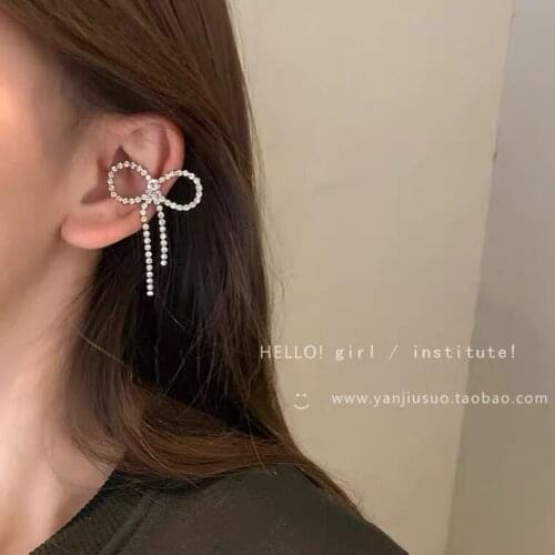 New Elegant Gold Silver Metal Bow Rhinestone Tassel Ear Bone Clip Without Ear Hole Sweet for Women Jewellery