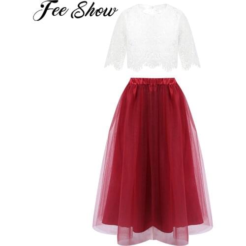 2Pcs Girls Outfits Elegant Princess Dress Vestidos Button-up Back Hollow Out Floral Lace Top with Skirts Childrens Party Sets