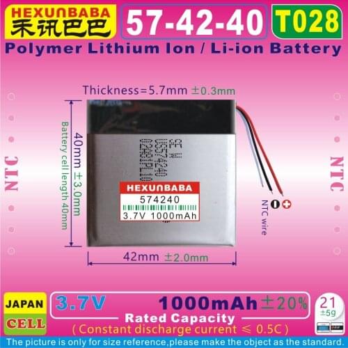 2pcs [T028] 3.7V 1000mAh [574240] NTC;Li - Polymer Lithium Ion Battery For Tablet PC,POWER BANK,Cell Phone;DVR;GPS;MP3