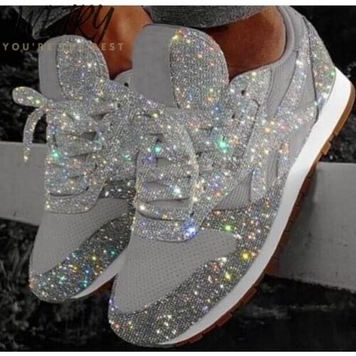 2020 Autumn Women Flat Glitter Sneakers Casual Female Mesh Lace Up Bling Platform Comfort Plus Size Vulcanized Shoes