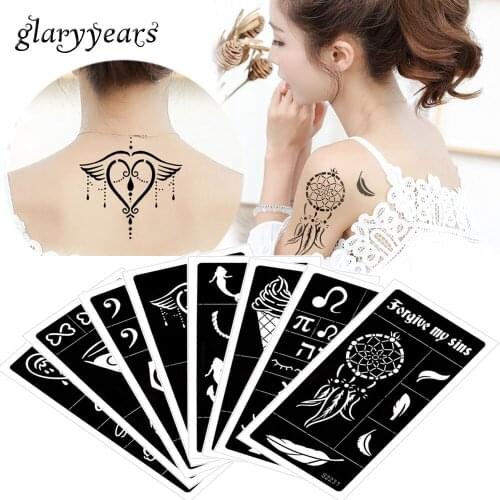 Glaryyears 8 Pieces/set Hollow Body Paint Henna Stencil Glitter DIY Painting Hollow Indian Henna Tattoo Stencil for Girl S200#35