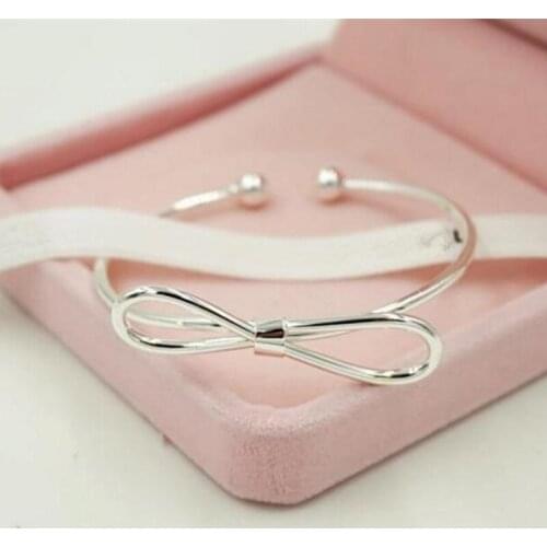 INS Tendy Sweet Simple Bow All-match Open Bracelets for Women Girls Wedding Party Accessories Silver 925 Jewelry Gifts SB091