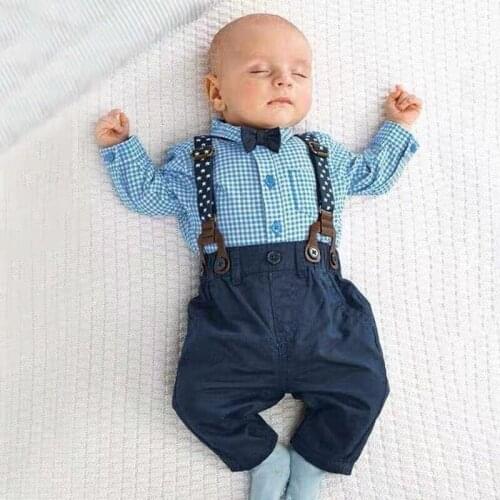 Childrens wear autumn and winter childrens harness set 2019 boys clothing ins explosion models plaid shirt bib two-piece k1