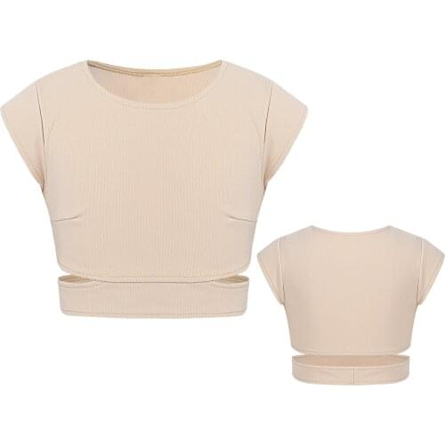 Kids Girls Cap Sleeves Cutout Waist Tanks Stretchy Ballet Dance Bra Crop Top Children Summer Casual Short Vest for Stage Workout