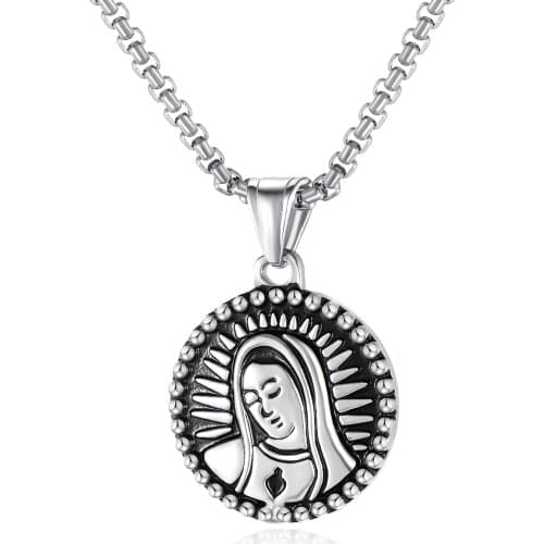 Virgin Mary Necklace Coin Pendant for Men Mother of Jesus Stainless Steel Necklaces Christian Catholicism Jewelry 24Inch Chain