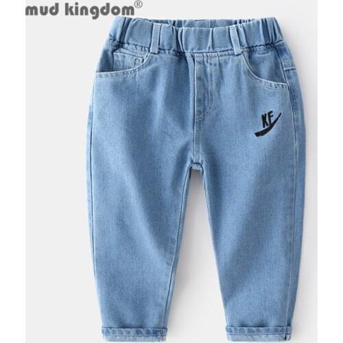 Mudkingdom Boys Jeans Print Solid Slant Pocket Loose Elastic Waist Casual Denim Pants for Kids Spring Autumn Fashion Trousers
