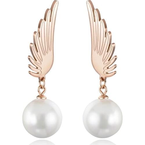 JeeMango Classic Titanium Steel Angel Wings Earrings Jewelry Rose Gold Simulated Pearl Wedding Stud Earrings For Women E18035
