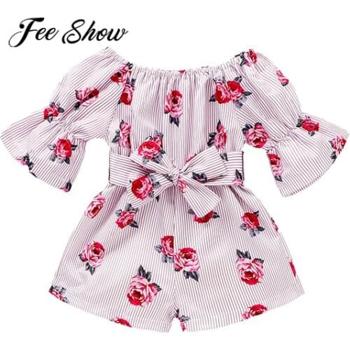 Baby Summer Newborn Girls Clothing Pretty Princess Short Jumpsuit Ruffle Sleeve Off-shoulder Flower Bow-tie Waist Bodysuit