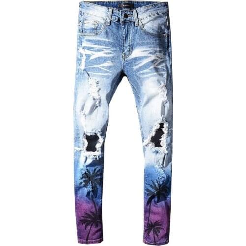 2020 new Mens coconut palm printed colored ripped jeans Slim fit holes distressed stretch denim pants Trousers