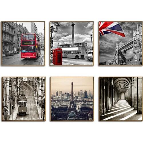 European Style Canvas Print Poster Art for European Landscape City View Painting in London Street,Big Ben,Red Bus Telephone Boot