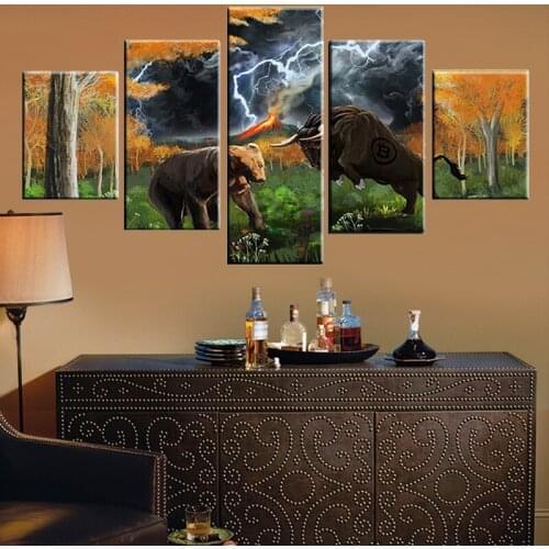 Poster Modular Canvas Pictures HD Printed 5 Pieces Animal Bear And Bull Lightning Abstract Scenery Painting Frame Wall Art Decor