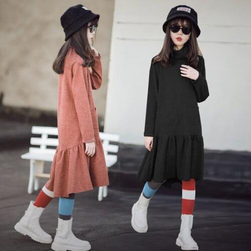 Teenage Girls Black Bottoming Dresses Turtleneck Casual Children Long Skirts Women Clothing Elegant Dress