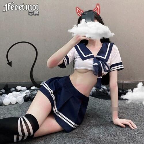 Japanese Style Cute 2 Piece Set Women Set Sailor Collar Crop Top Pleated Skirt Set Women Summer Sexy Student Uniform Outfits