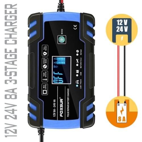 FOXSUR 24V 4A Trucks Battery Charger,12V 8A Motorcycle Intelligent Battery Charger,AGM GEL WET EFB Lead Acid With LCD Display