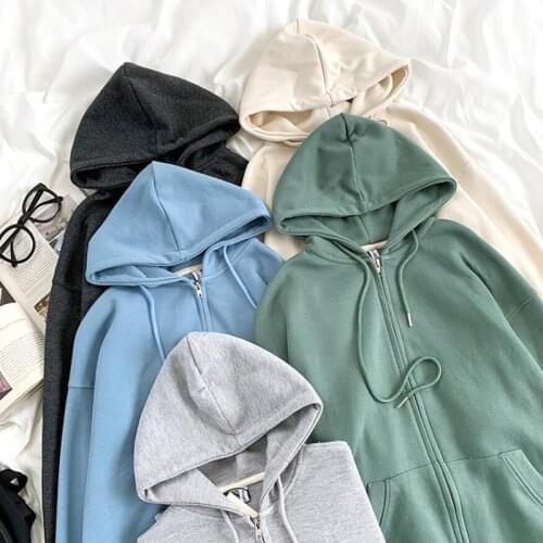 2021 Autumn Winter New Hooded Hoodies Oversize Woman Solid color zipper Basic Sweatshirts High Quality Loose Long Sleeves Tops