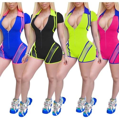 Womens Sexy Bodycon Romper, Short Sleeve Deep V Neck Lapel Zip Front Mesh Shorts Jumpsuit