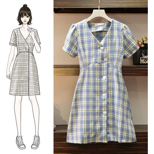 2020 Fashion Summer Womens Plaid Dress Plus size 4XL Short-sleeved Single-breasted V-neck Dresses Female Slim A-line Dress G839