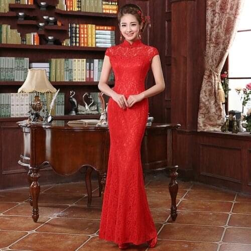 Women Slim Wedding Dress Retro Female Bride Dress Lace Chinese Tradional Dress Fishtail Long Cheongsam Evening Party Dress 18