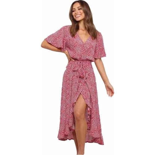 Beach Womens 2021 New Casual Short Sleeve Summer Dresses Polka Dot V-neck Stitching Medium Long Split Vintage Women Dress NBH98