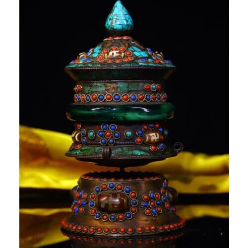 7"Tibet Temple Collection Old Bronze Filigree mosaic Gem Dzi Bead pagoda Prayer wheel Dharma Town House Exorcism