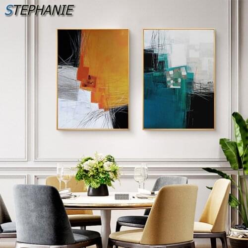 Abstract Blue Yellow Canvas Painting Fashion Posters and Prints for Living Room Bedroom Nordic Black and White Wall Art Pictures