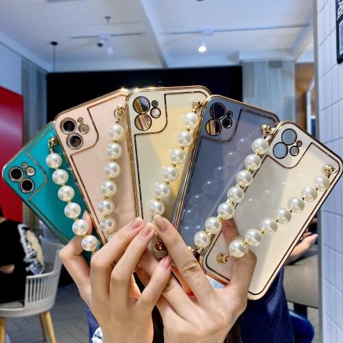 Electroplated Pearl Wrist Chain Case for iPhone 12 Pro Max Back Phone Cover for 12 Mini 11 Pro Max X XS XR 8 7 Plus SE 2020 Capa