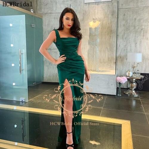 Long Green Sexy Prom Dresses Sheath High Slit Pleat Satin Arabic Women Wedding Party Dress Plus Size Formal Dress Robe Soiree