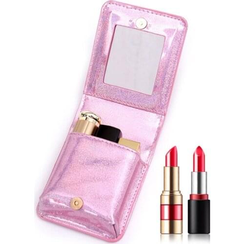 Lipstick Makeup Bag For Girls Laser Leather Heart Lovely Cosmetic Case Portable Mirror Cosmetic Lipstick Waterproof Box