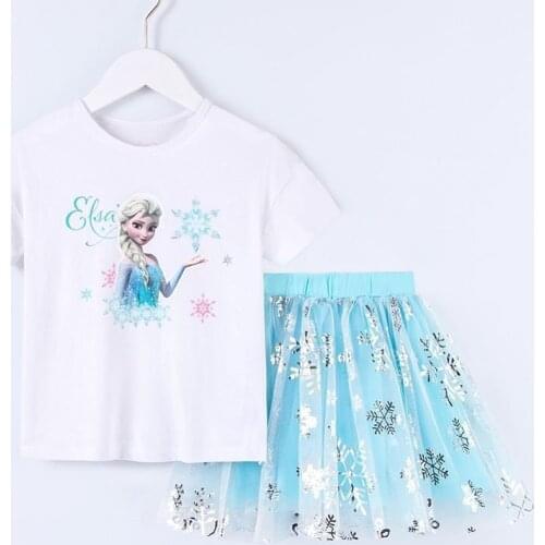 Summer Kids Clothes Frozen Ellsa Princess Short Sleeve T Shirt&mesh Skirt Pretty Teenagers Girls Outfits Set Children Clothing