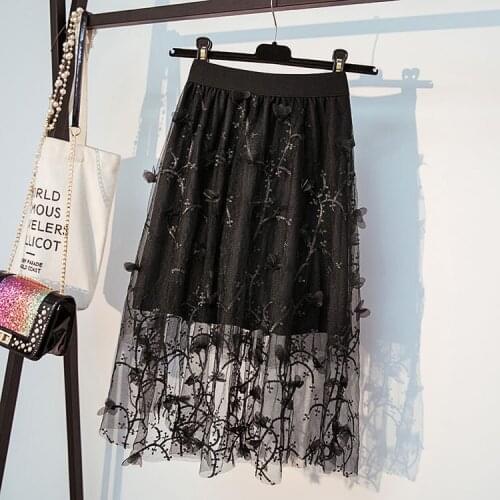 Summer Women Midi Skirt Gauze embroidery Flower Lady Sweet Knee Length Mesh Skirts 2021 Female Casual Streetwear Bottoms Black