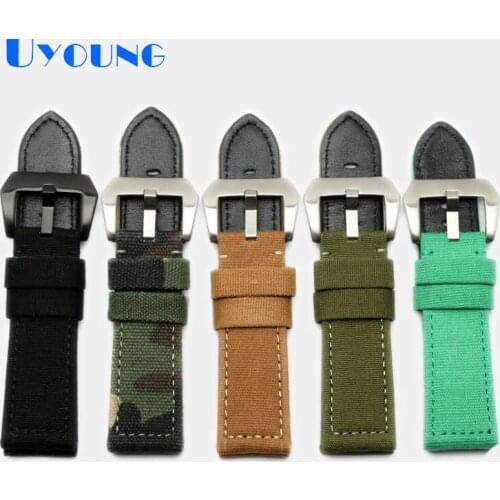 Nylon camouflage canvas watch strap fit paneraiPAM441 replace waterproof leather watch band 24mm cowhide watch bracelet green