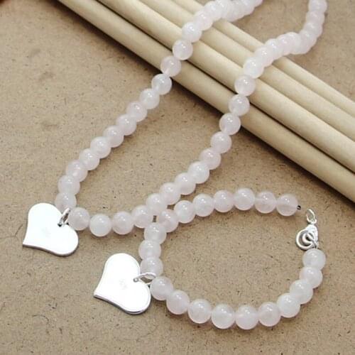 New Style Pink Agate 8mm Beaded Chain 925 Silver Love Heart Pendant Necklace Set Bracelet For Female Wedding Engagement Jewelry