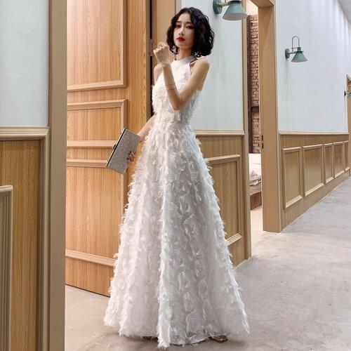 Special Occasion Dresses Vintage Halter Sleeveless Floor-Length Luxury White A-Line Zipper Fashion Elegant Women Prom Gown E856