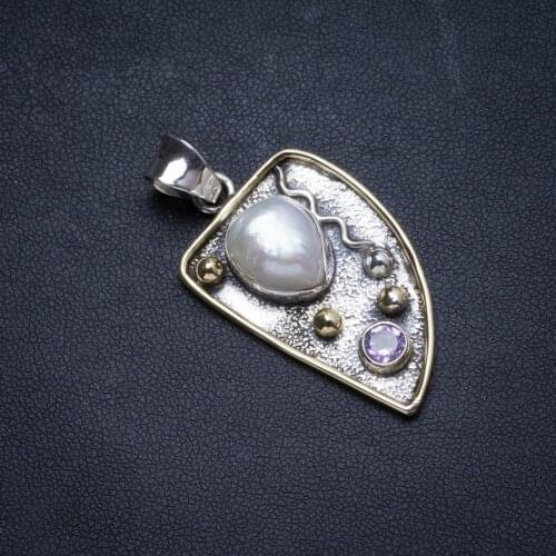 Natural Two Tones Biwa Pearl andAmethyst Handmade Unique 925 Sterling Silver Pendant 1.75" X0731