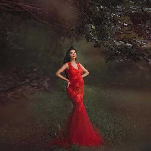 Sexy Red Lace Appliques Mermaid Maternity Long Dresses V-Neck Sleeveless Bottom Bridal Tulle Pregnancy Photography Women Robes