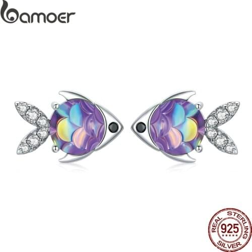Bamoer Silver Fish Stud Earrings 100% 925 Sterling Silver Happy Tropical Litte Fish Earring for Women Fashion Jewelry SCE1028